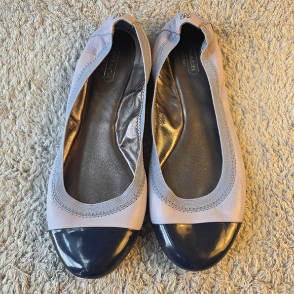 COACH Ballet Flats Leather Cap Toe Lavender Navy Women's Shoes - Picture 1 of 6